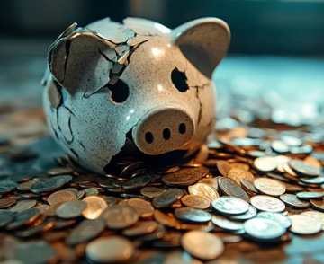 Broken piggy bank with spilled coins representing financial negligence